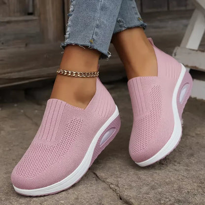 CloudStep Cushioned Comfort Shoes in pink knit, worn with cropped jeans