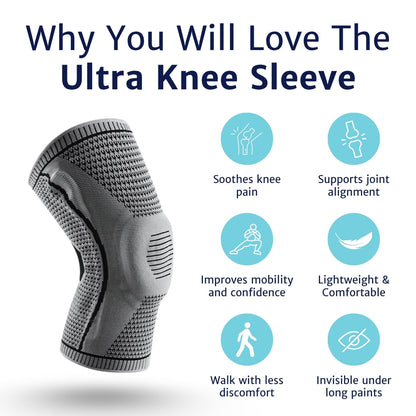 Ultra Knee Elite shown beside icons for knee comfort, joint alignment, mobility, lightweight wear, walking and discreet use